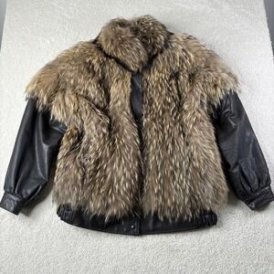 FINN RACCOON Fur Jacket Men's Size Medium Coat Lamb Leather Sleeves Brown